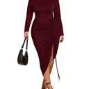 Floerns Women's Plus Size Off The Shoulder Sexy Bodycon Midi Dress Drawstring Slit Hem Long Sleeve Elegant Party Dresses Burgundy 3X-Large Plus