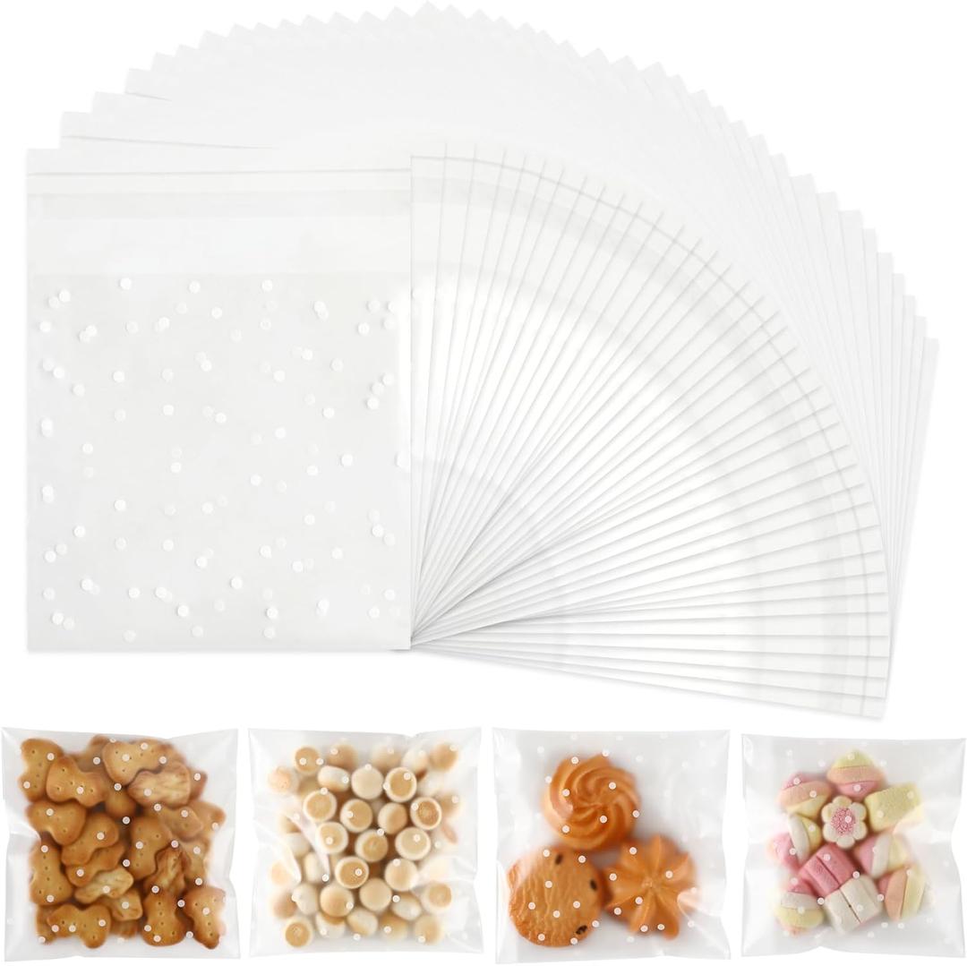 200 PCS White Dot Cookie Bags with Seal Plastic Clear Cellophane Goodie Candy Treat Gift Self Sealing Bag Birthday Holiday Party Decorations Favors Supplies Frozen Winter Christmas Valentines Wrap