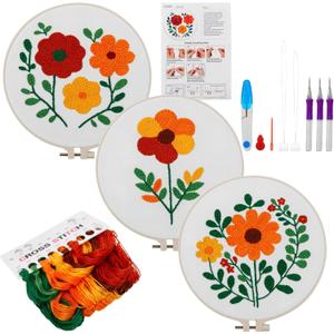 Punch Needle Embroidery Kit for Beginners Complete Set with Patterned Fabric, Hoops, Yarns & Tools DIY Rug-Punch Craft Kit for Adults (3 Designs)