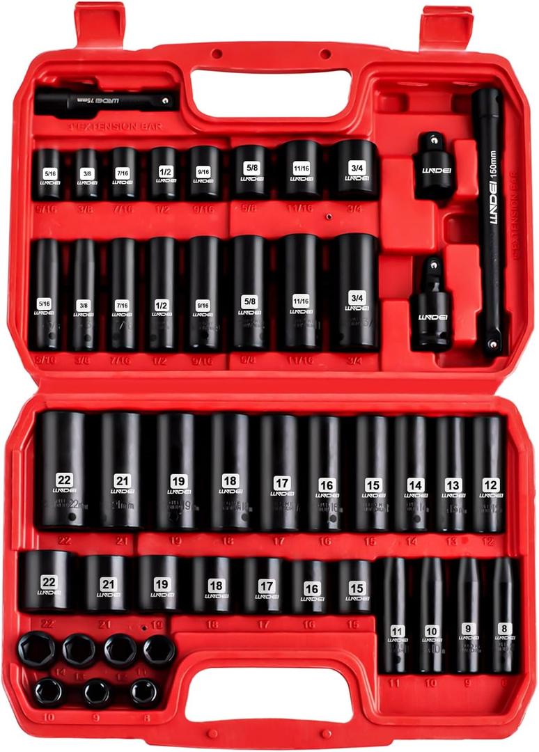LLNDEI 3/8" Drive Impact Socket Set SAE and Metric (5/16"- 3/4", 8-22mm) 48pcs, CR-V Steel, 6 Point Sockets, Extension Bar (3-in, 6-in), 1/2"F to 3/8"M Reducer Universal Joint