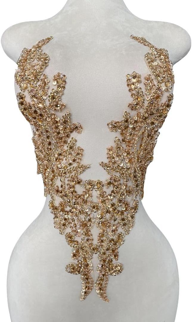 Zbroh Pure Handsewing Rhinestones Applique Multicolor Patch DIY Craft Accessories for Girl Wedding Dress 14X20inches (Champagne)