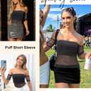 FEMLE Women Glitter Sheer Foldover Tube Tops Sparkly Off The Shoulder Mesh Ruched Puff Sleeve Strapless Top Concert Outfit Black
