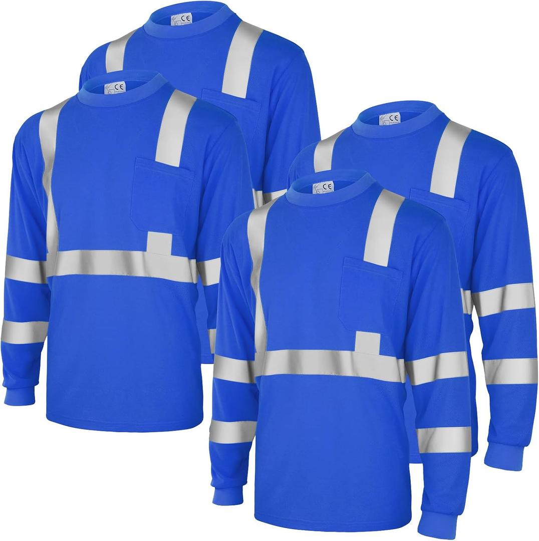 Amylove 4 Pcs Long Sleeve Safety Shirt High Visibility Reflective Construction Work Shirts for Men Women(XXL,Blue)