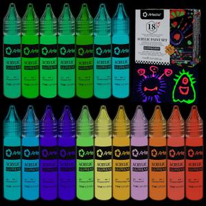 Artecho Glow in the Dark Paint 18 Colors, 11 ml / 0.37 oz Acrylic Paint for Decoration, Supplies for Canvas, Rock, Wood