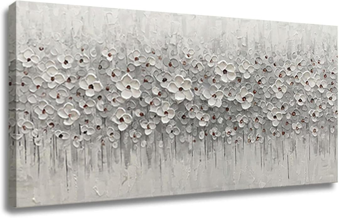 Large Canvas Wall Art for Living Room White Flowers Picture Hand-Painted Oil Painting Framed Artwork Modern Gallery Plant Decor Wall Decorations for Bedroom Bathroom Size 60x30 inch Ready to Hang, 30"x60"