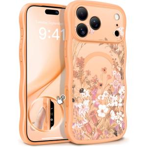 GVIEWIN for iPhone 17 Pro Case Compatible with MagSafe [Curly Wave Edge][Full Camera Protection] Floral Translucent Shockproof Magnetic Women Phone Case for iPhone 17 Pro 6.3'', Campanula/Orange