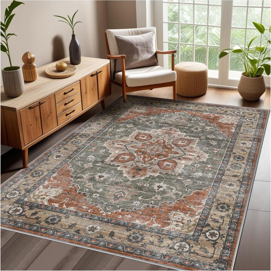 3'x5' Washable Area Rug, Boho Rugs & Vintage Traditional Floor Thin Cover Foldable Indoor Distressed Non Slip Carpet for Bedroom Living Room Bathroom(Khaki-Blue)
