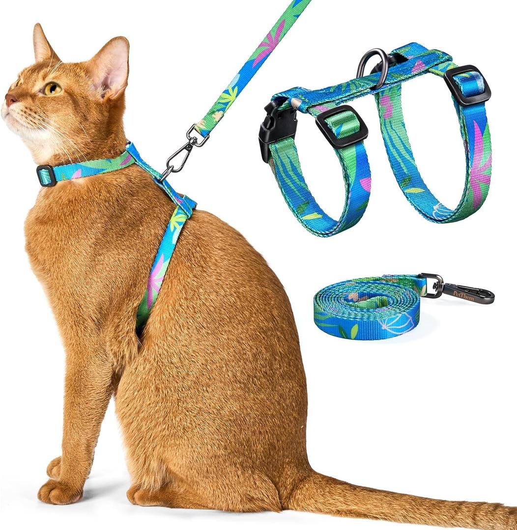 Cat Harness and Leash Set - Escape Proof Adjustable Cat Harness, Comfortable Soft Lightweight, Use Safe & Easy, Walking Travel Kitten Harness for Cats (Hawaii Green)