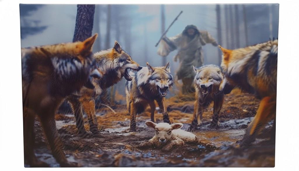 Christian Wall Art Jesus Running After Lost Lamb for Bedroom Office Canvas Printed Wolf and Lamb Pictures Jesus Christ Artwork Modern Living Room Church Framed Ready to Han(16x24)