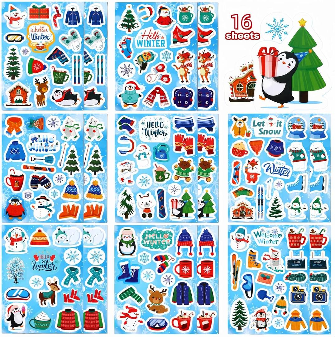 3 x 288 Pieces Winter Stickers Snowflake Holiday Party Sticker Hello Winter Sticker for Water Bottles Snowman Penguin Stickers for Envelopes Cards Crafts Scrapbooking School Classroom