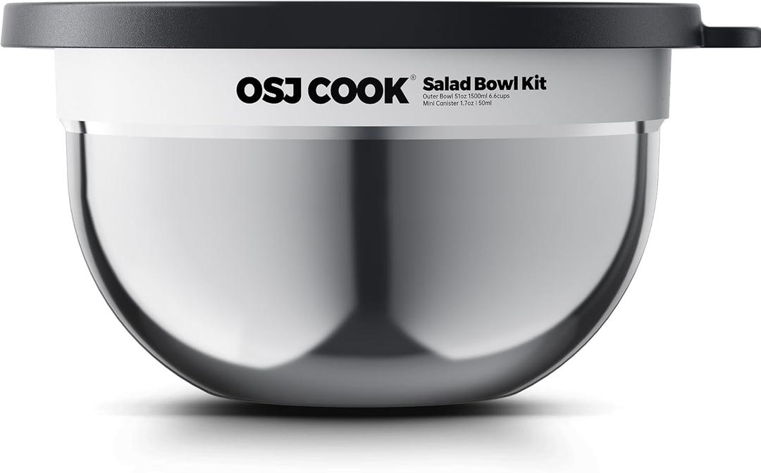 18/8 Stainless Steel Salad Bowl Kit - 74oz, Mixing Bowls with Lids Set, Teakwood - Comes with 1.7oz Condiment Container and Removable Tray for Organization - Leak-Proof, Dishwasher Safe (Mirror)