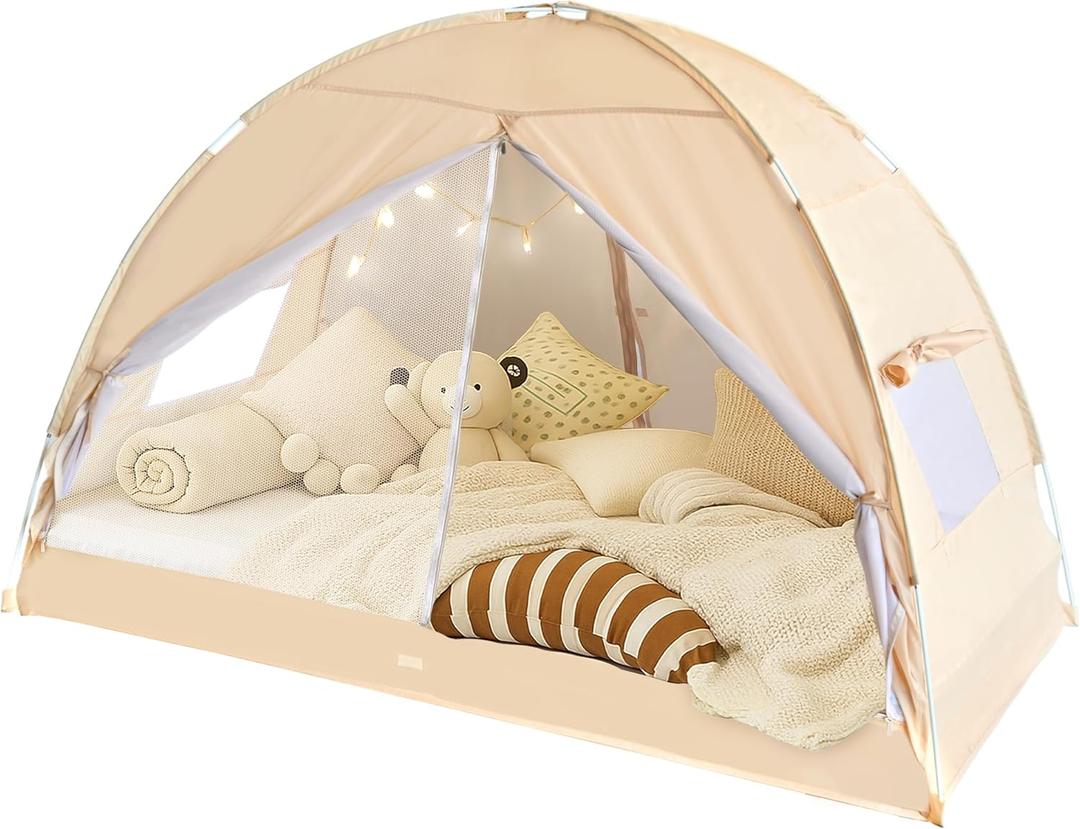 LEEDOR Bed Tent Dream Tents Bed Canopy Shelter Cabin Indoor Privacy Warm Breathable Pop Up Twin/Full/Queen for Kids and Adult Patent Pending(Mattress Not Included) (39"W x 75"L (Pack of 1), Khaki)