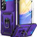 BaHaHoues for Samsung Galaxy A15 5G Case with Screen Protector & Slide Camera Lens Cover,Built-in 360Rotate Magnetic Ring Stand Shockproof Protective Phone Case for Samsung A15 5G Case (Purple)