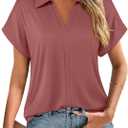 Vivilli Women's Short Sleeve Tops and Blouses Business Casual Collared Tunic Shirt (Red, XXL)