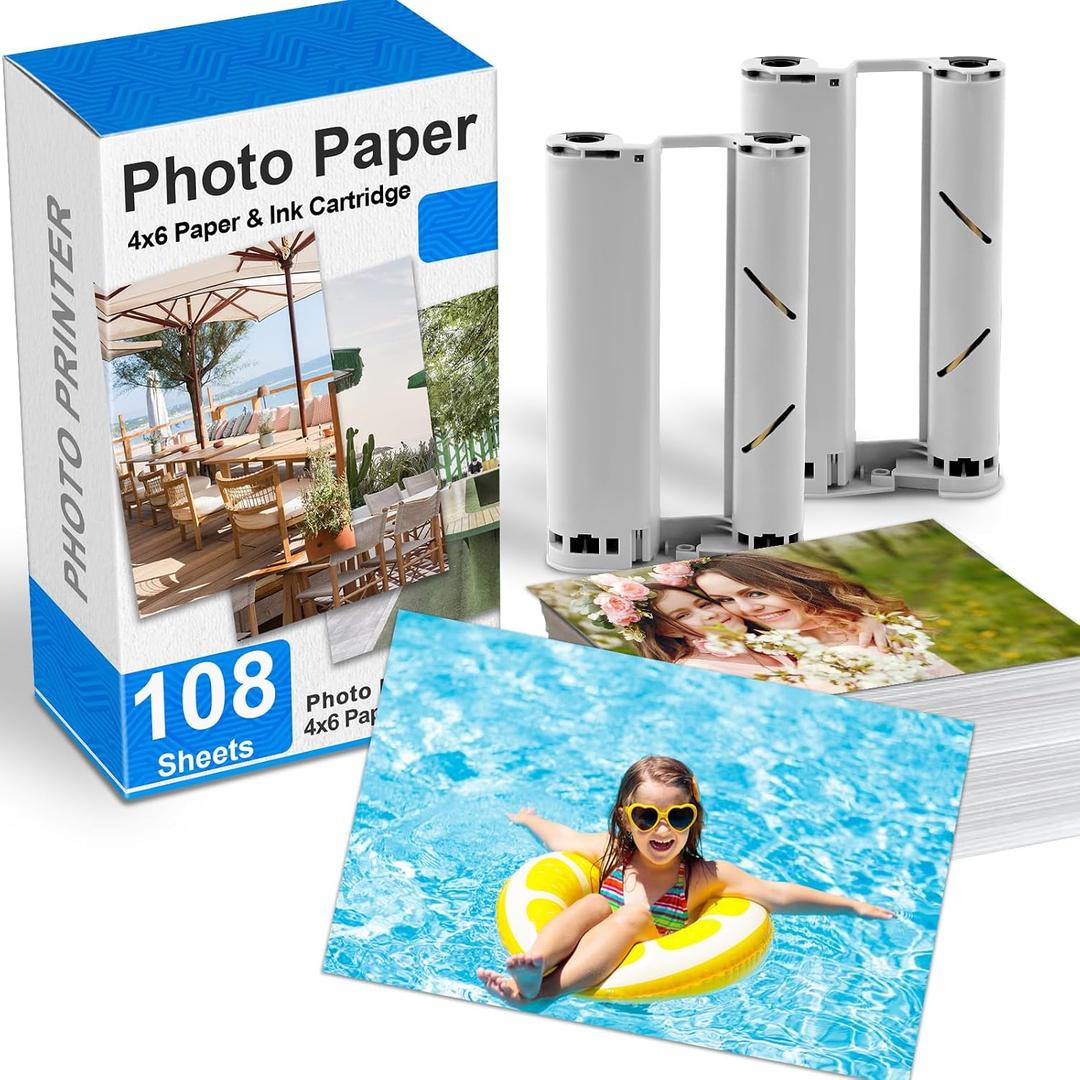 4"X 6" Photo Paper Refill Pack 108 Sheets and 2 Ribbons Cartridges, Compatible with Sprocket Studio Plus printer, 4x6 Paper Compatible for YP01 Photo Printer iOS & Android, Sticker Frames, Photo Album