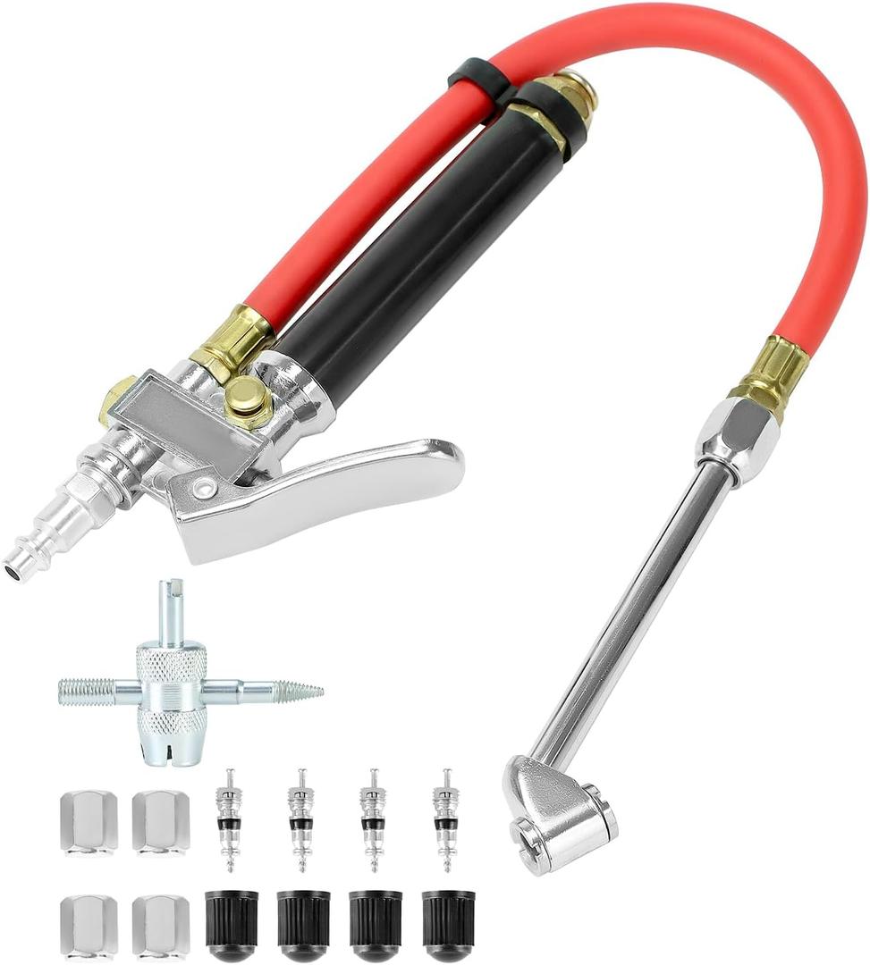 QWORK 10-120 PSI Tire Inflator Gauge - Dual Head Chuck, 12-Inch Hose, Leak-Free Valve Core, Chrome-Plated Cast Steel, with 4 Way Tool and Valve Cores Tire Pressure Gauge