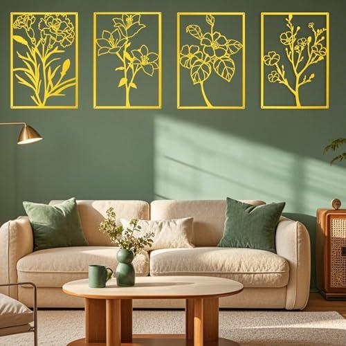 ZNZAPO 4 Pcs Large Gold Metal Flower Wall Art, Abstract Line Art Wall Decor, Minimalist Floral Wall Hanging Art, 3d Wall Art Sculptures Decor for Living Room Bedroom Bathroom (15.7 × 22.5”)
