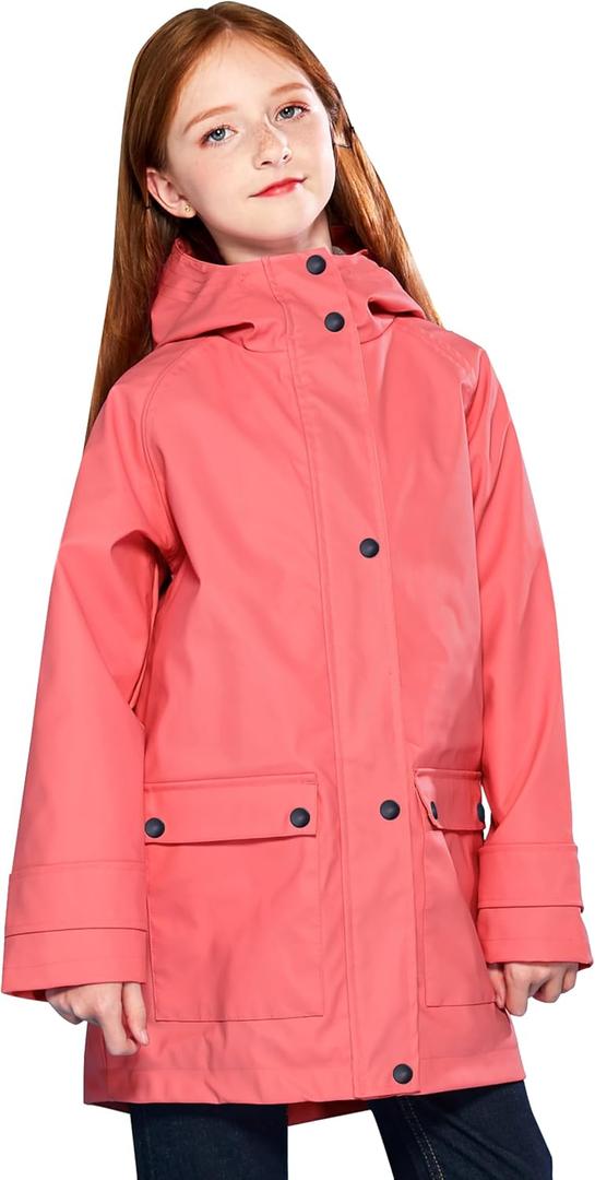 SOLOCOTE Kids Rain Jacket Hooded Lined Rubber RainCoats for Girls Boys Waterproof Windproof Size 5-14Y (9-10 Years, A-coral Red)