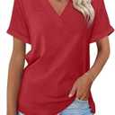 ORANDESIGNE Women's Short Sleeve V Neck Tops Casual Summer T Shirts Ladies Basic Tees (Medium, Red)