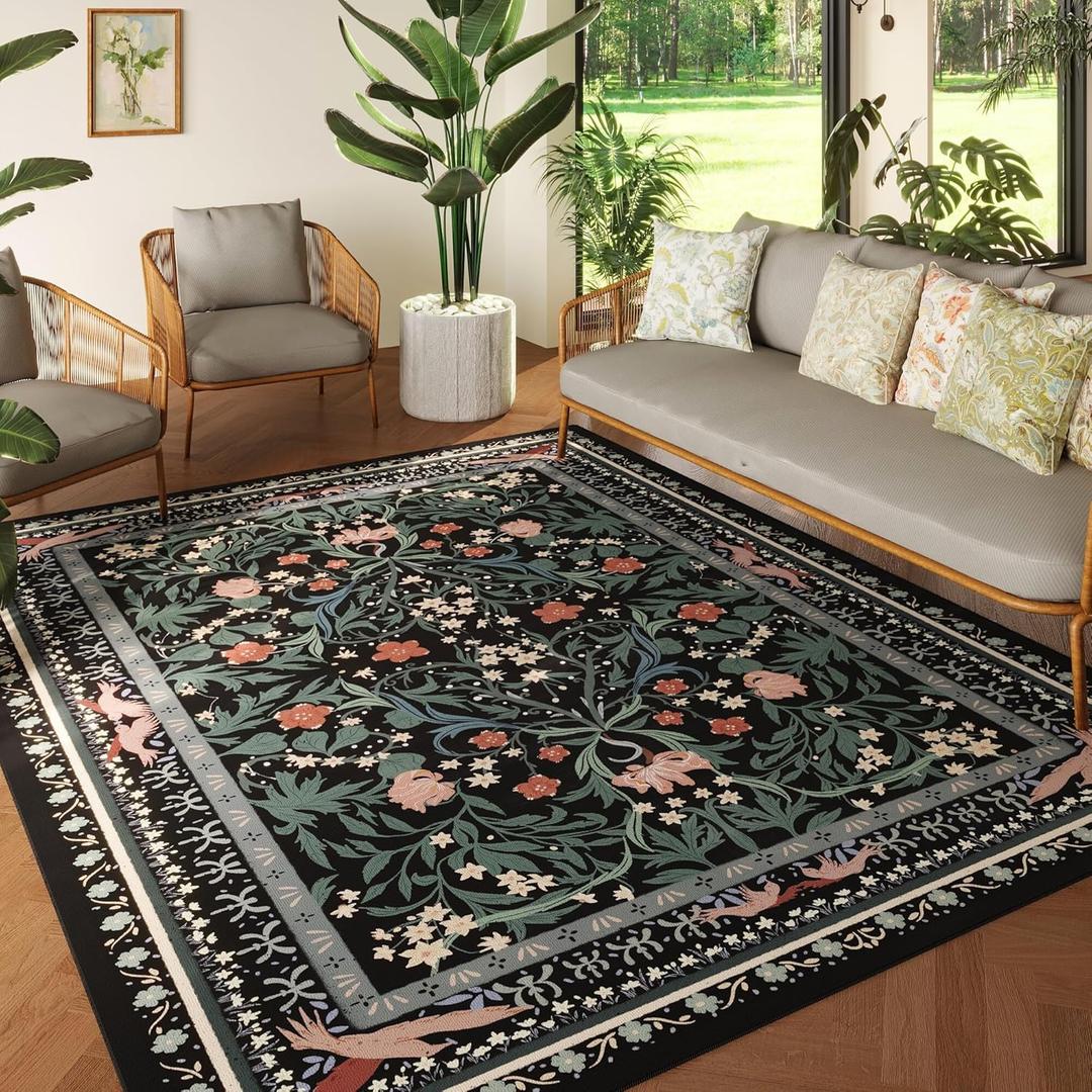 5x7 Washable Rug Vintage Floral Botanical Area Rug Non Slip Low Pile Large Rugs for Living Room, Bedroom, Farmhouse, Dining Room, Kids Playroom, Black