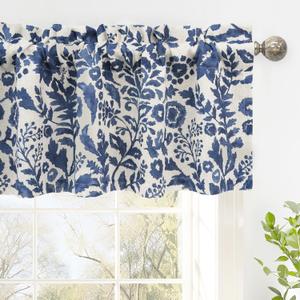 DriftAway Julia Watercolor Blooming Flower Floral Lined Thermal Insulated Window Curtain Valance Rod Pocket 52 Inch by 14 Inch Plus 1.75 Inch Header Linen Blend Navy 1 Pack