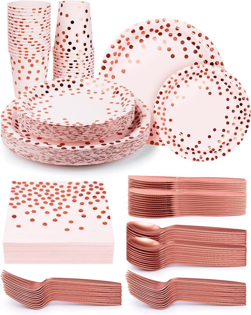 224 Pieces Party Supplies, Pink and Rose Gold Dots Party Plates Cups and Napkins Sets with Plastic Knives forks spoons, Disposable Tableware Serves 32 Sets for Wedding, Birthday, Graduation, Festivals