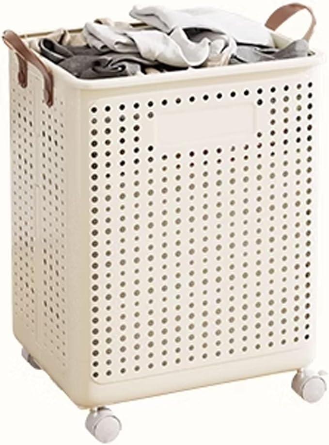 Plastic Laundry Basket with Handle, Sturdy Rolling Hamper for Dirty Clothes, Foldable Laundry Bin for Bedroom/Bathroom/Laundry Room, Spacious Breathable