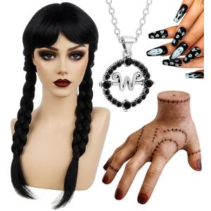Swooflia Black Braid Wig for Women & Cosplay Accessories - Convenient Set Includes Adjustable Wig Cap, Hands, Necklace, Nails, Cosplay Wig for Halloween, Costume, Party and Daily Use (W05)