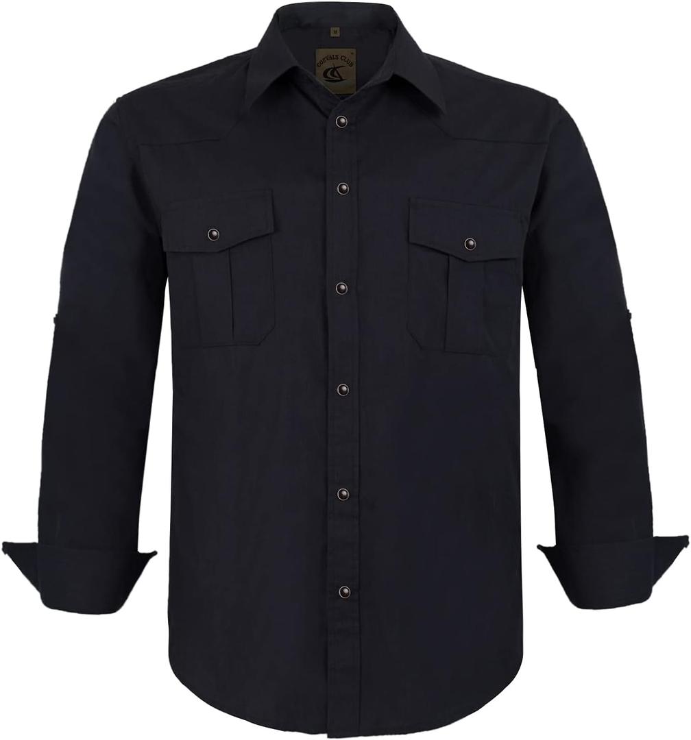 COEVALS CLUB Men's Western Cowboy Long Sleeve Pearl Snap Casual Work Shirts (Small, Black)