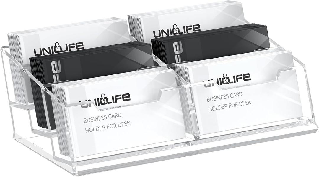 Uniclife Clear Acrylic Business Card Display Stand for Desk 6 Slots Business Card Holder for Men & Women Desktop Business Card Organizer 360 Card Capacity Card Stand for Office Home Exhibition