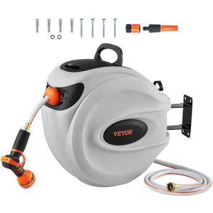VEVOR Retractable Hose Reel, 115 ft x 1/2 inch, Garden Water Hose Reel with 9-Pattern Nozzle, 180 Swivel Bracket Wall-Mounted, Automatic Rewind, Lock at Any Length, with Slow Return System