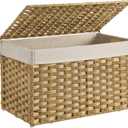SONGMICS Storage Basket with Lid, Woven Blanket Storage Bin with Handles, Foldable, Removable Liner, Metal Frame, for Bedroom, Laundry Room, 17.2 Gallons (65 L), Natural URST56NL