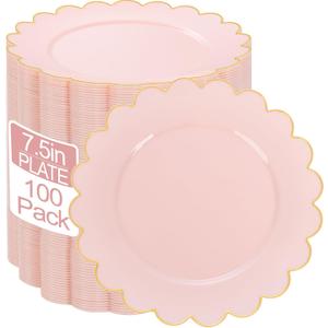 LIYH 100 Pcs 7.5" Pink Plastic Plates with Gold Disposable Pink Dessert Plates Gold Plastic Plate,Baby Shower Plate Set Suitable for Weddings Bridal Showers Afternoon Tea Mothers Day