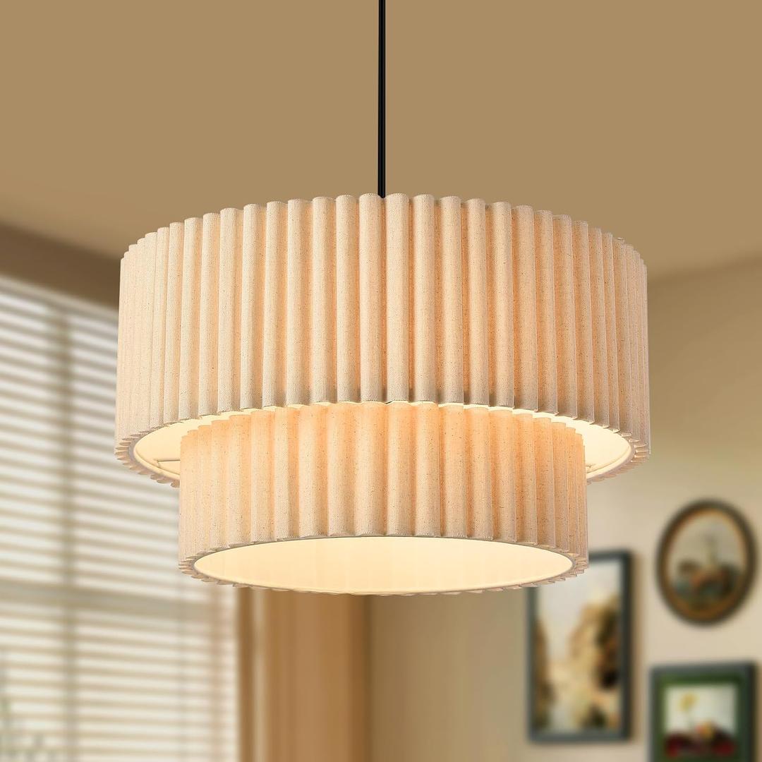 Sionfungluxx 17.72in Double Drum Fabric Pendant Light, Modern Beige Large Hanging Ceiling Chandelier Fixture with Linen Shade, Ideal for Dining Room, Living Room, Bedroom, and Kitchen