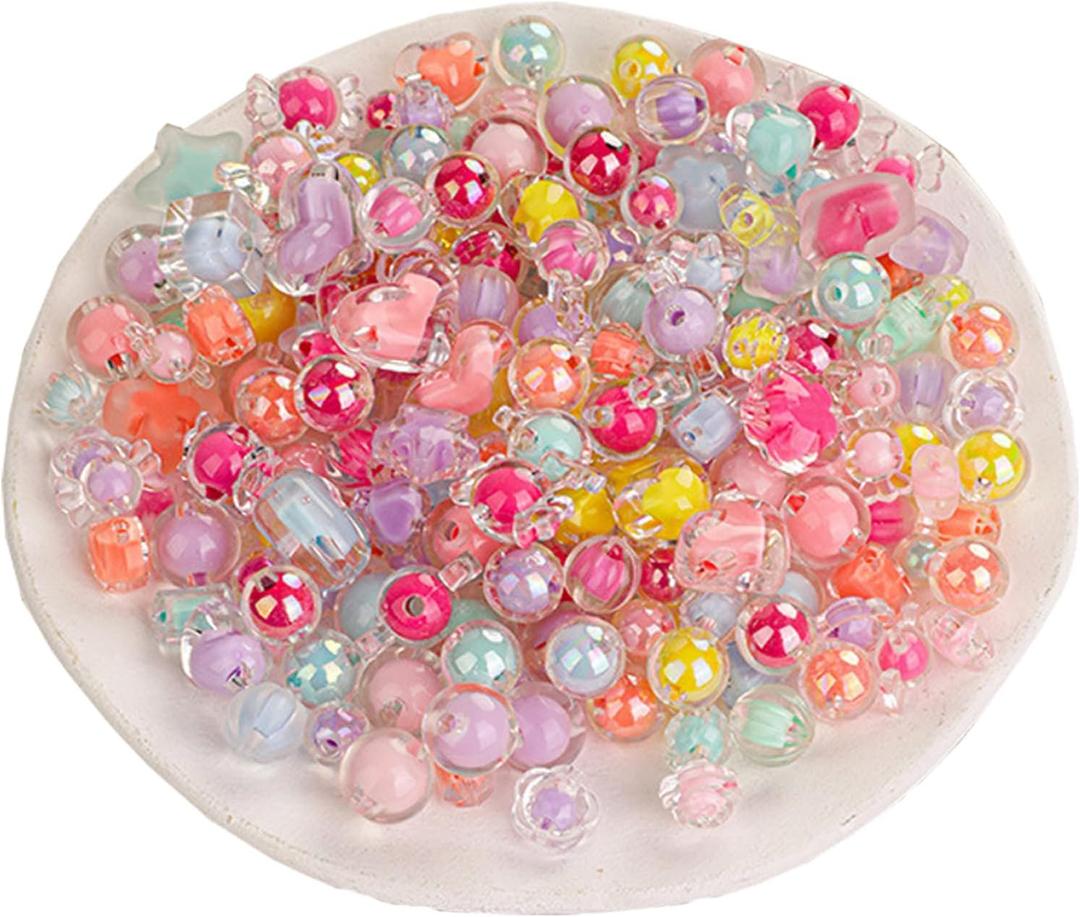 250g Acrylic Assorted Beads, BetterJonny AB Color Beads Pastel Beads Flower Round Star Candy Beads Various Styles Plastic Loose Beads for Jewelry Making
