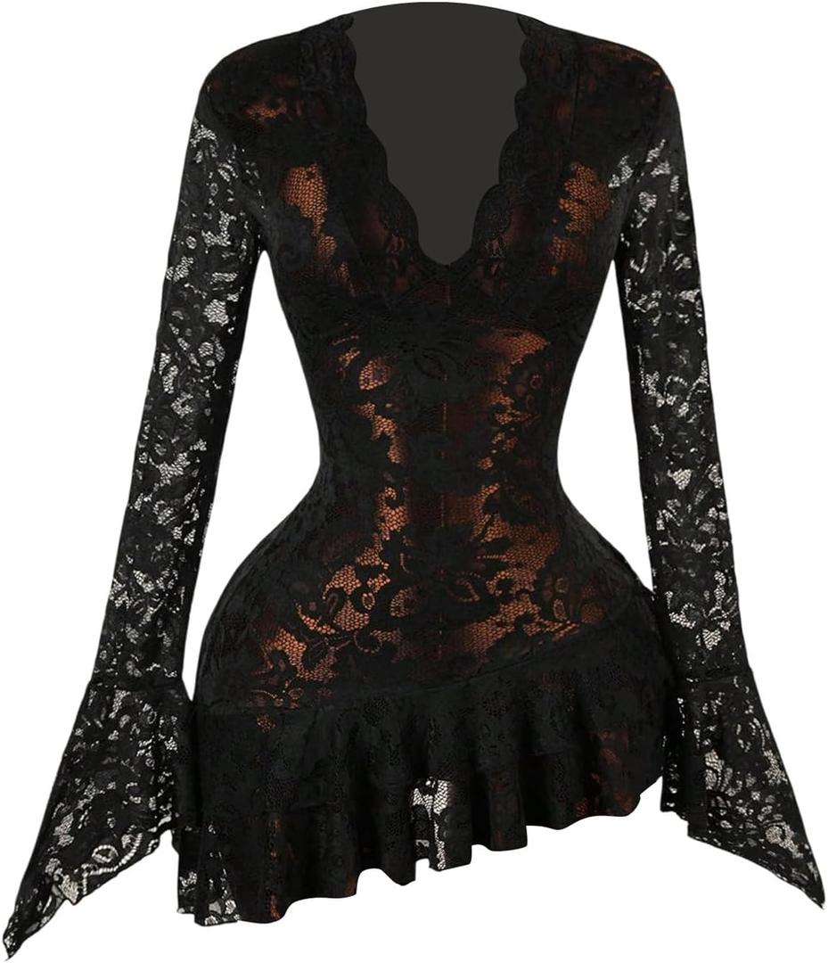 Milumia Women's Lace Ruffle Layer Sheer Mini Dress Deep V Neck Long Sleeve Short Dresses (Large, Black)