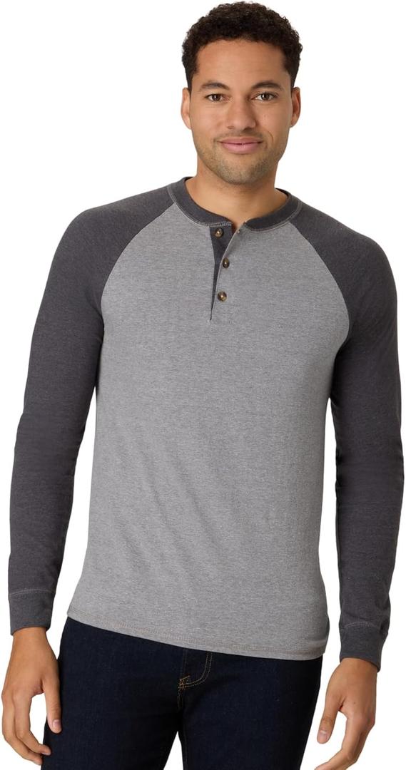 Hanes Men's Long-Sleeve Beefy Henley T-Shirt - Small - Oxford Gray/ Slate Heather