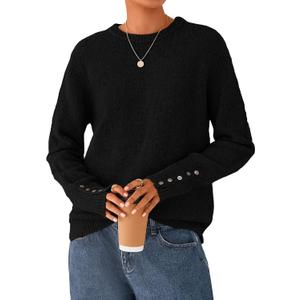 PRETTYGARDEN Fall Sweaters for Women 2026 Cozy Casual Crewneck Pullover Button Long Sleeve Knit Tops Winter Fashion Clothing (X-Large, Black)