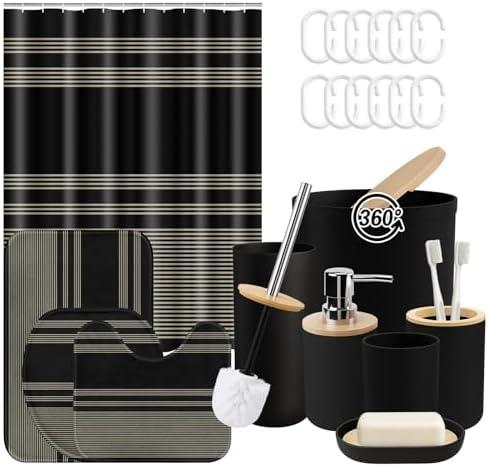 Tayney Black Bathroom Decor and Accessories Set, Striped Shower Curtain and Rug Set with Trash Can, Soap Dispenser, Soap Dish, Toothbrush Holder, Toothbrush Cup, Toilet Brush