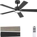 Ohniyou 48'' Ceiling Fans with Lights and Remote, 6 Speeds, 3 Colors & Dimmable LED Light, Quiet DC Motor Black Ceiling Fan for Bedroom Living Room, Downrod Black