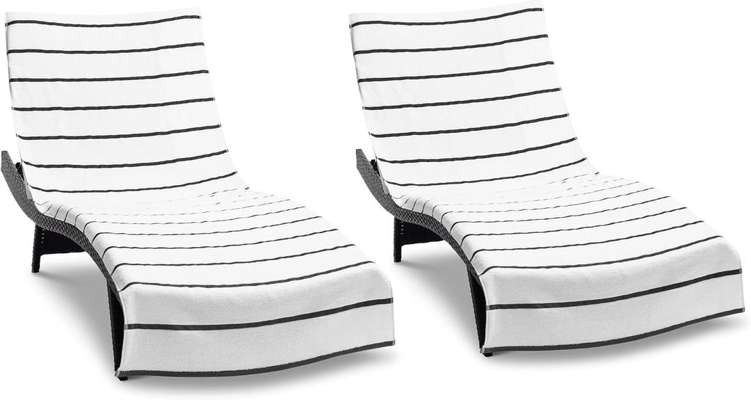 Arkwright Las Rayas Chaise Lounge Cover - Pack of 2 - Terry Towel 100% Striped Soft Cotton with Pocket Holder for Beach Pool Outdoor Chair, 30 x 85 in, Dark Grey