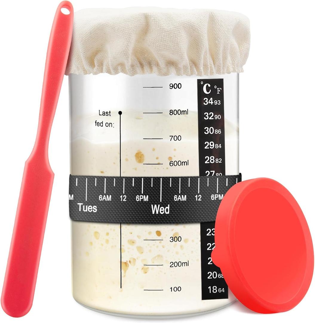 Sourdough Starter Jar, 35OZ Glass Sourdough Jars Wide Mouth With Red Silicone Cap, Sourdough Starter Kit with Date Marked Feeding Band, Thermometer, Cloth Cover