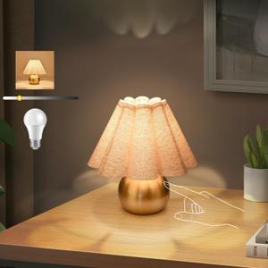 Gold Small Touch Control Table Lamp for Bedroom, Brass Gold Bedside Lamps for Nightstand, Cute Mini Small Table Lamps for Small Spaces with Scalloped Shade for Kitchen Counter, Bookshelf, Living Room