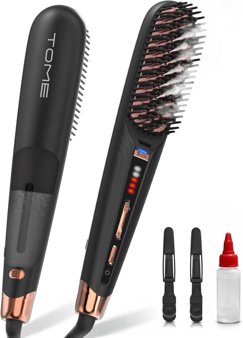 TOME Steam Hair Straightener Brush, Anti Scalding Design 2 Steam Levels, 3 Heat Settings, Fast Styling Steam Brush with Less Heat Damage, Anti-Frizz 100-240 Dual Voltage Black
