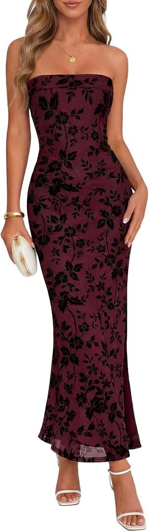 MEROKEETY Women's 2026 Summer Floral Strapless Dress Bodycon Tube Slit Mesh Wedding Guest Cocktail Party Maxi Dresses (Wine, S)