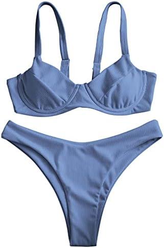 ZAFUL Women's Ribbed Underwire Bikini Set High Cut Colorblock V Notch Swimwear Printed High Leg Swimsuit, Small