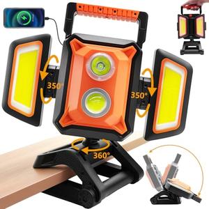Tresda 4000LM LED Work Light Rechargeable with Clamp, 40W Magnetic Work Light Battery Powered with 5 Light Modes, 350° Rotation, Portable Job Site Lighting for Construction Site,Workshop,Car Repairing