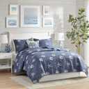 Harbor House Seaside Reversible Cotton Quilt Set Coastal Clam, Starfish, Coral Embroidery, All Season, Pre-Washed Coverlet Bedding Layer, Decorative Pillow, Full/Queen(90"x90") Navy 4 Piece