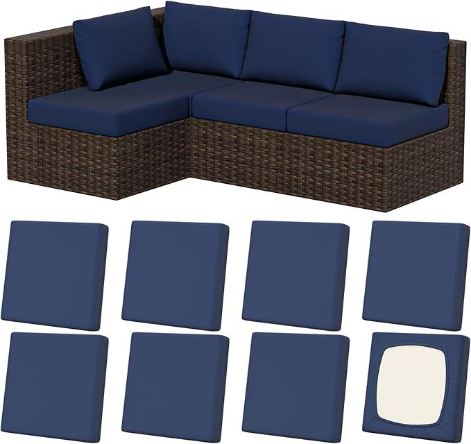 Patelai 11 Pcs Waterproof Patio Cushion Covers for Outdoor Sectional Furniture Wicker Rattan Patio Sofa Couch Chair Seat Pillow Slipcovers, 3 Sizes Covers Only (25.4 x 25.4X 3.54,Blue)