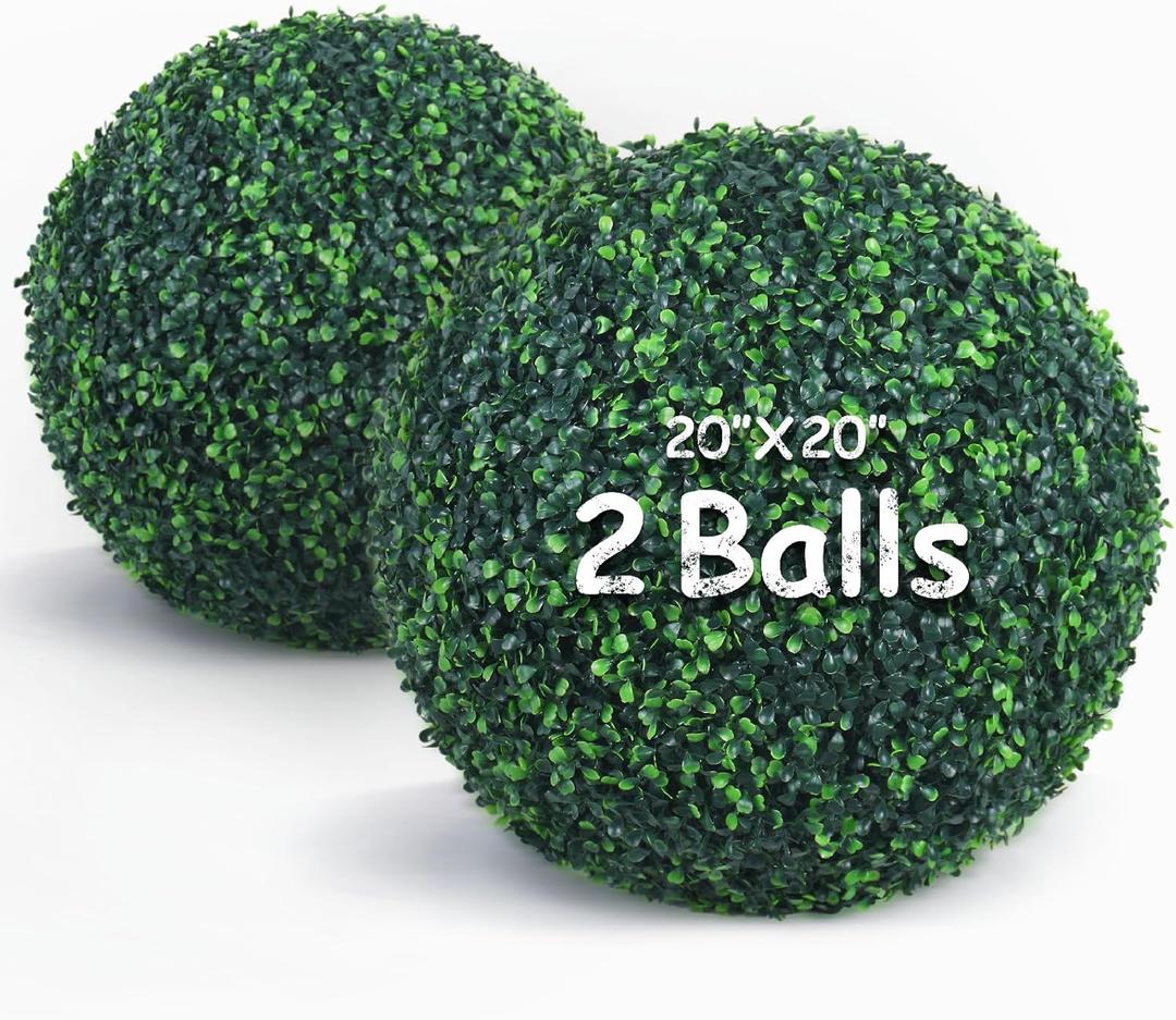 20 Inch 2 Packs Artificial Boxwood Balls Topiary Balls, 4 Layers of UV-Resistant Greenery Balls Indoor Outdoor Garden, Backyard, Patio, Front Door  Assembly Required